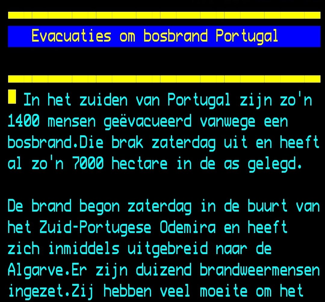 Dat de bosbranden op zaterdag uitbraken en dat het om Zuid-Portugal gaat, wordt in het ruimteschaarse Teletekst maar liefst twee keer genoemd.