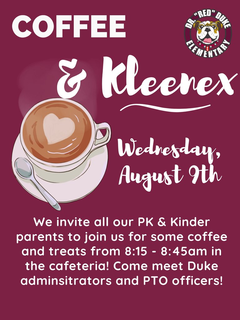 Tomorrow we welcome our PK and Kinder pups to school!  All students may enter through the cafeteria where they will be met by their teachers! Please join us for Coffee &amp; Kleenex in the cafeteria from 8:15 to 8:45!