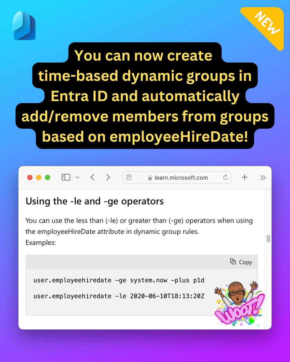 Folks, neat new feature in public preview for dynamic groups. 

You can now do things like create a dynamic group that has just the new hires...

Learn more about the new employeeHireDate based group filter 👇🏾

learn.microsoft.com/en-us/azure/ac…
🟢 P1