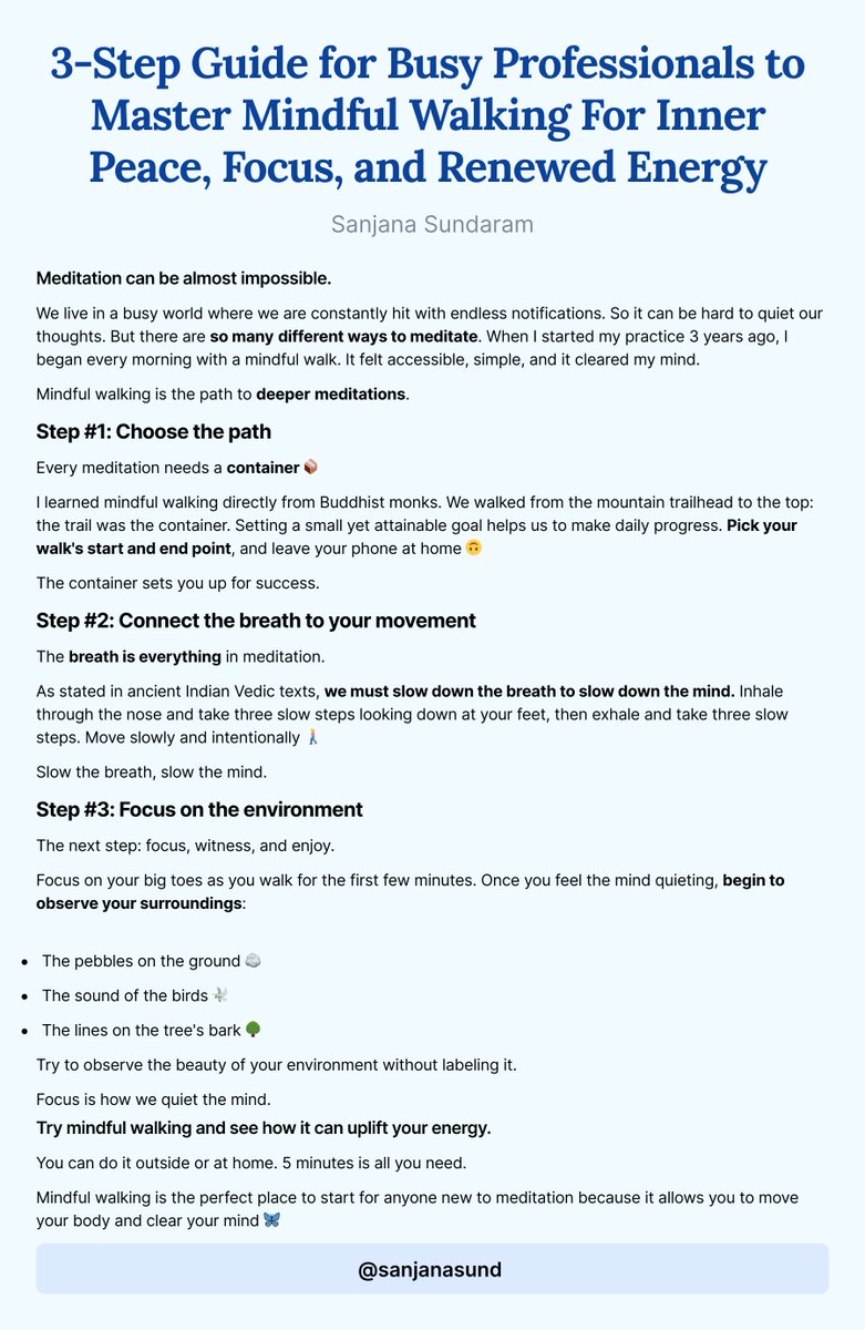 sanjanasund's tweet photo. Meditation can be almost impossible.

But there are so many different ways to meditate.

Here is a 3-step guide for busy professionals to master mindful walking for inner peace, focus, and renewed energy ☀️

#mindfulness #meditation #ship30for30 https://t.co/A8dIme15Tr