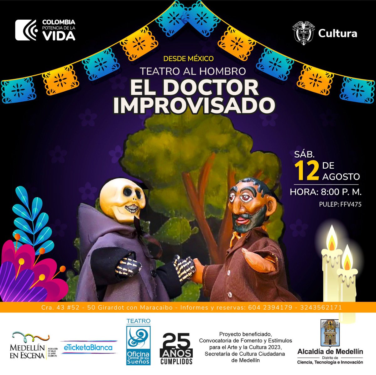 ÚNICA FUNCIÓN! 
Desde #México @teatroalhombro con su obra “El Doctor Improvisado”
Música mexicana tradicional en vivo
📌<a href="/teatrooficina/">Teatro Of. Central</a> 
🗓️Sábado 12 de agosto
⏰Hora: 8 p.m.
🎟️Boletería: $ 30k público general - 50% de descuento para estudiantes

#Títeres #Música #Teatro #Medellin
