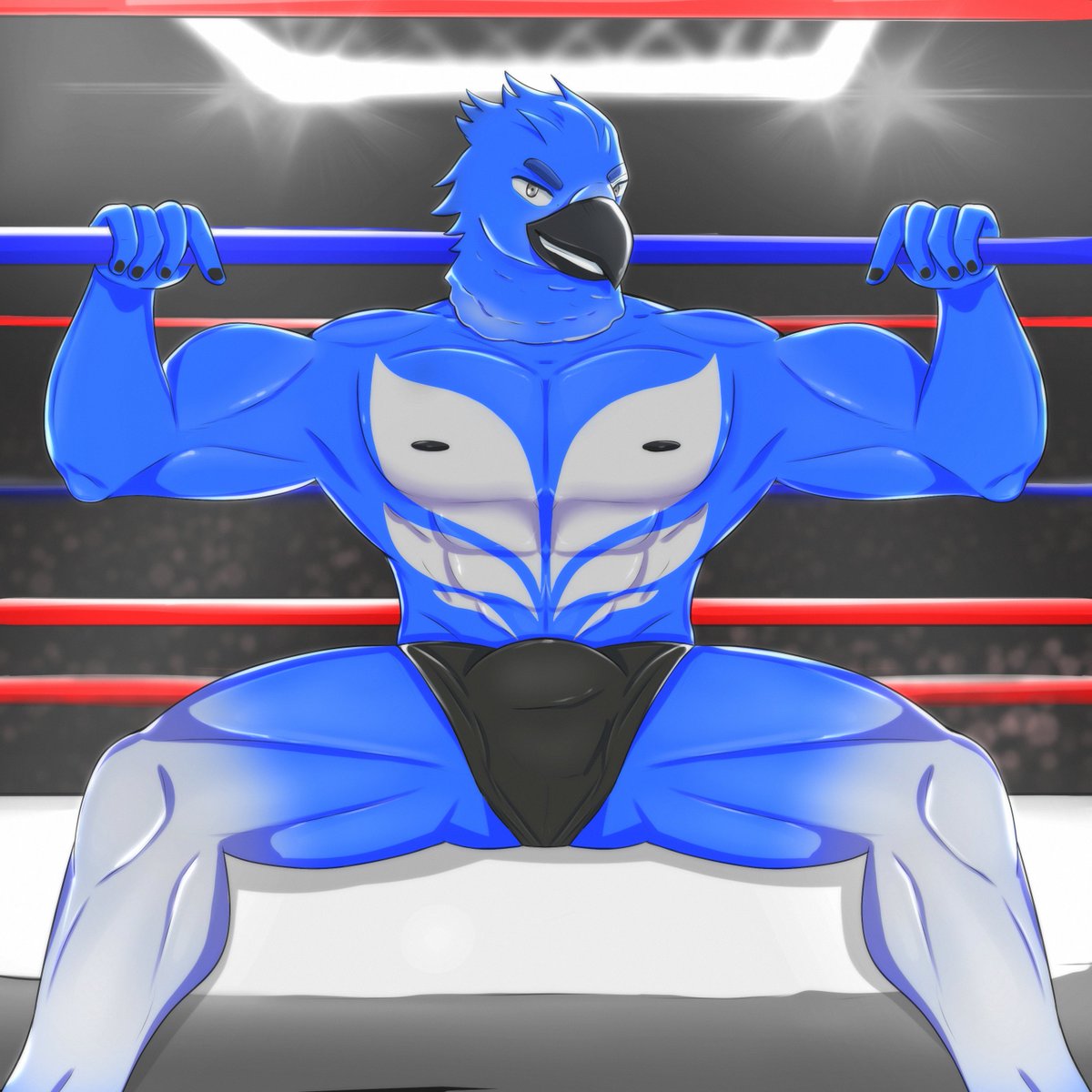 The_Redd_Bearon's tweet photo. Jayhawk credits vitamin D & protein to his gains and vibrant plumage- is that why he can't seem to win a "loser sucks" match?🤷♂️ but there's definitely something more to the cavalier blue bird than meets the eye: Art by @denyaku3 #jobber #oc #birdbro #gymbro https://t.co/JmEFuDUjh3