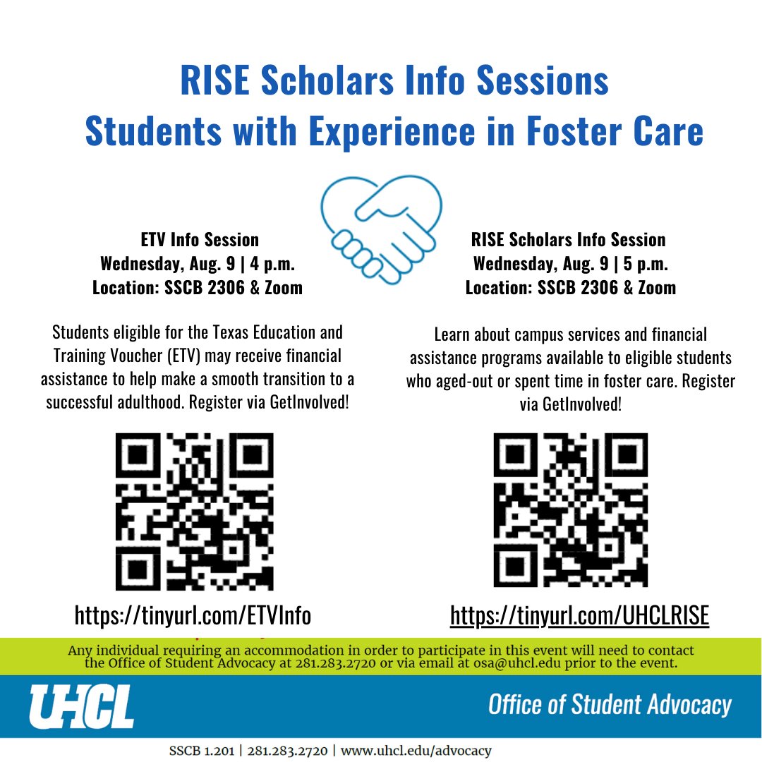 UHCLOSA's tweet photo. Are you a student that has experience in foster care? Join us tomorrow for our RISE Scholars Info Sessions. Register via Get Involved. 

Hope to see you there!

#uhclosa #RISE #InfoSessions #FosterCare https://t.co/wPDHsORYCq