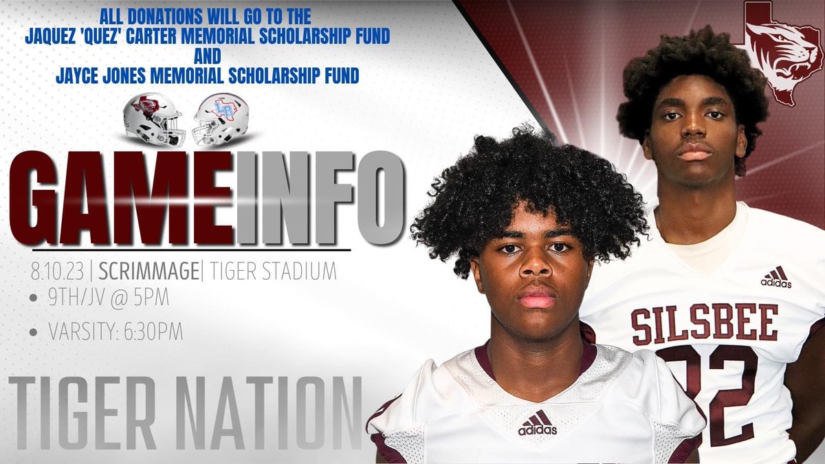 SilsbeeISD's tweet image. 🏈SCRIMMAGE INFO🏈
While we do not charge for scrimmages, we are asking, if you can, consider donating to the Jaquez 'Quez' Carter Memorial Scholarship Fund and the Jayce Jones Memorial Scholarship Fund.
Quez and Jayce's passion for the game continue to inspire us every day.