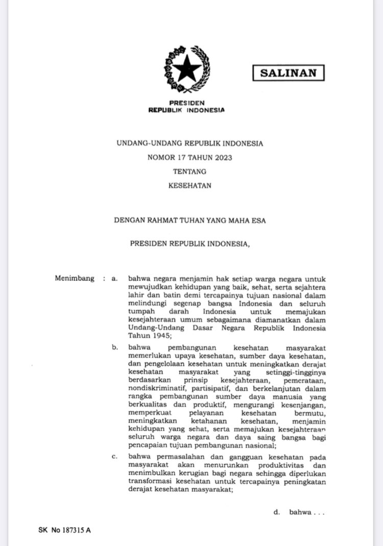 CISDI_ID's tweet photo. Setelah sekian purnama akhirnya muncul juga naskah resmi UU Kesehatan

RUU Kesehatan yang bulan lalu disahkan jadi UU udah resmi punya nomor yaitu Nomor 17 Tahun 2023 tentang Kesehatan. Bisa unduh di situs setneg ya https://t.co/txrnZMnpye

#kawaluukesehatan https://t.co/sFKFa8Y5aF