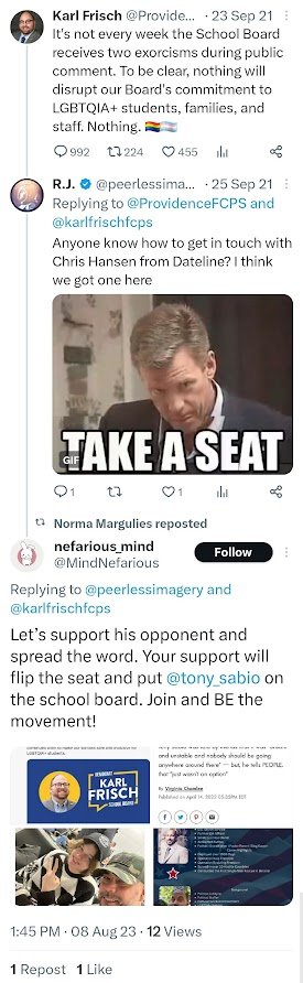v_theclash's tweet photo. #TeamSabio just accused a sitting school board member of pederasty..twice. Norma Margulies and Rhapsody Corum are #Tony_Sabio's campaign team. Tony is the #FairfaxGOP school board candidate for Providence.
It is NEVER OK to falsely accuse someone of being a child predator. https://t.co/7sjEaAQef7