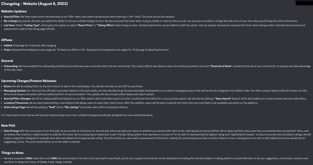 We recently pushed the following updates:

Improvements to search filter
Updates to the "My Listings" page
Listing types added
Numerous affixes adjusted

Start trading: Diablo.trade
Join the discord: discord.com/DiabloTrade
#DiabloIV