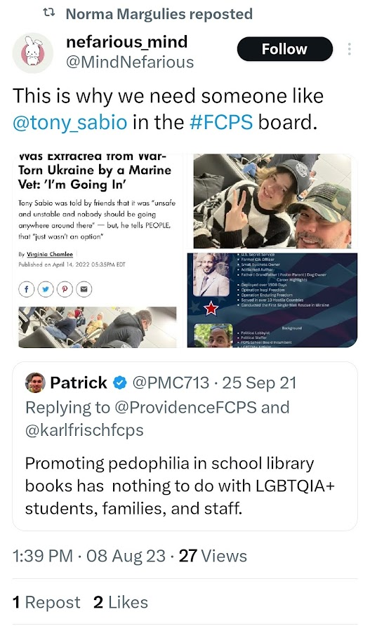 v_theclash's tweet photo. #TeamSabio just accused a sitting school board member of pederasty..twice. Norma Margulies and Rhapsody Corum are #Tony_Sabio's campaign team. Tony is the #FairfaxGOP school board candidate for Providence.
It is NEVER OK to falsely accuse someone of being a child predator. https://t.co/7sjEaAQef7