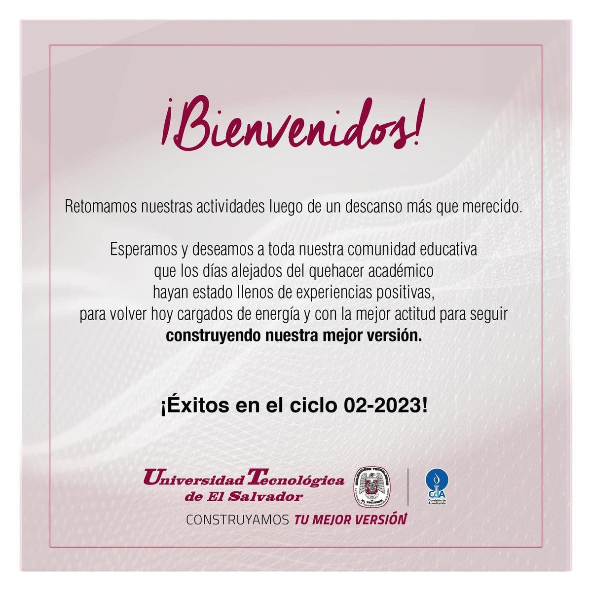 LPuniversitaria's tweet photo. ¡Bienvenidos!
Después de estas merecidas vacaciones sigamos construyendo nuestra mejor versión. https://t.co/Ib2WWPXjti
