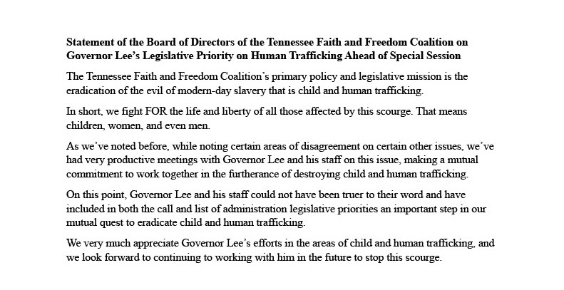 TNCCoalition's tweet photo. Statement on @GovBillLee's Legislative Priority on Human Trafficking Ahead of Special Session.
#FORtheKids #FORtheChildren #TNFFC #Tennessee
@MAmerica18_6 https://t.co/jEOg2FtPHj