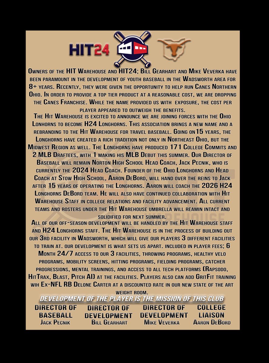 🚨BIG NEWS🚨

The <a href="/TheHitWarehouse/">TheHitWarehouse</a> has decided to end our Canes Franchise for Travel Baseball.  We will be joining forces with the Ohio Longhorns.

🚨H24 Longhorns🚨