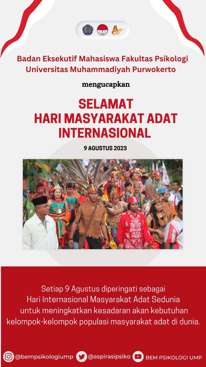 [Hari Masyarakat Adat Internasional]

Tepat di hari ini 9 Agustus, adat bangsa Indonesia dengan beragam budaya telah resmi menjadi warisan yang patut dilestarikan. Selamat Hari Masyarakat Adat Internasional 

#theinternationaldayoftheworld'sindigeneouspeoples
#bempsikologiump