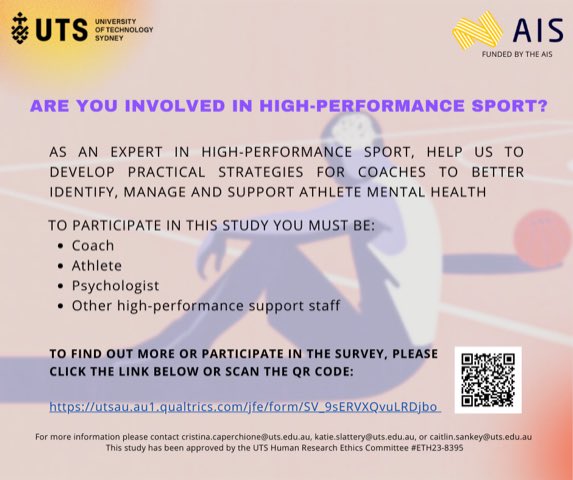 Are you an athlete, coach, psychologist and/or support staff in high performance sport? If so, we need your expert opinion! Please see link here or below:  utsau.au1.qualtrics.com/jfe/form/SV_9s…

@theAIS @AaronJCoutts @CamillaBrockett @KatieSlattery3 @johnwarmenhoven @OscarLederman