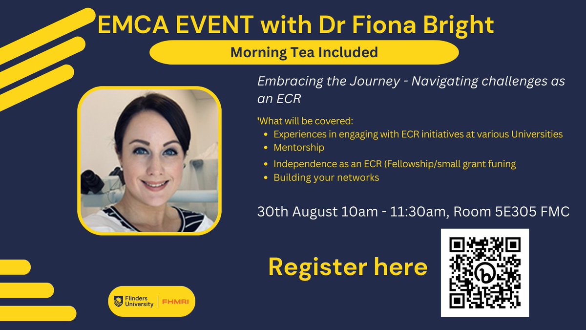 FlindersHMRI's tweet photo. A valuable opportunity with @DrFionaBright! Register now so you don't miss out!
#EMCA #FHMRI #research #career https://t.co/bQwYaWraTd