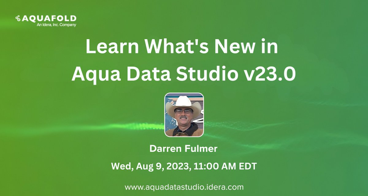 aquafold's tweet image. 🚀Dive into What&apos;s New in Aqua Data Studio v23.0!

📅 Join us on Wed, Aug 9, 2023, at 11 AM EDT.

📊 Learn from Aqua Data Studio expert Darren Fulmer, with over 17 years of IDE software experience.

📈Register: tinyurl.com/aqs23aug

#DatabaseManagement #AquaDataStudio #IDERA