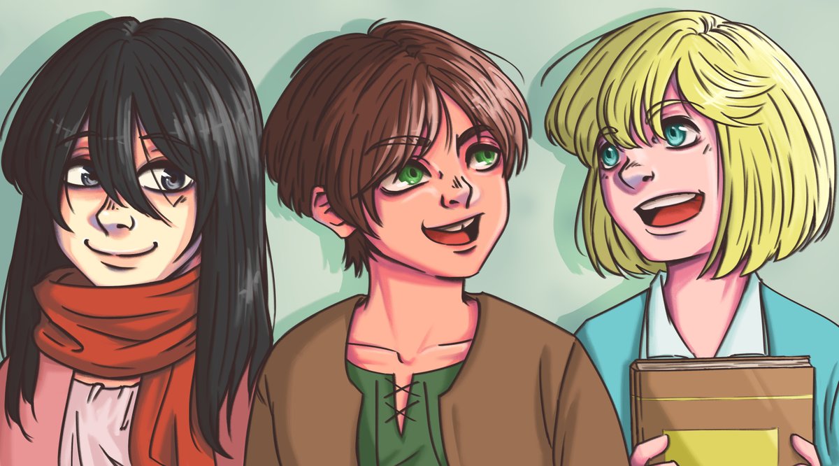 ochaareih's tweet photo. "Can we ever go back to those days?" 
#shingekinokyojin #進撃の巨人

I'm sorry to mobile users and probably some PC screens by how bright the colors are and by that I mean how pink Armin is, I don't know how to fix it https://t.co/FGaorRFFSa