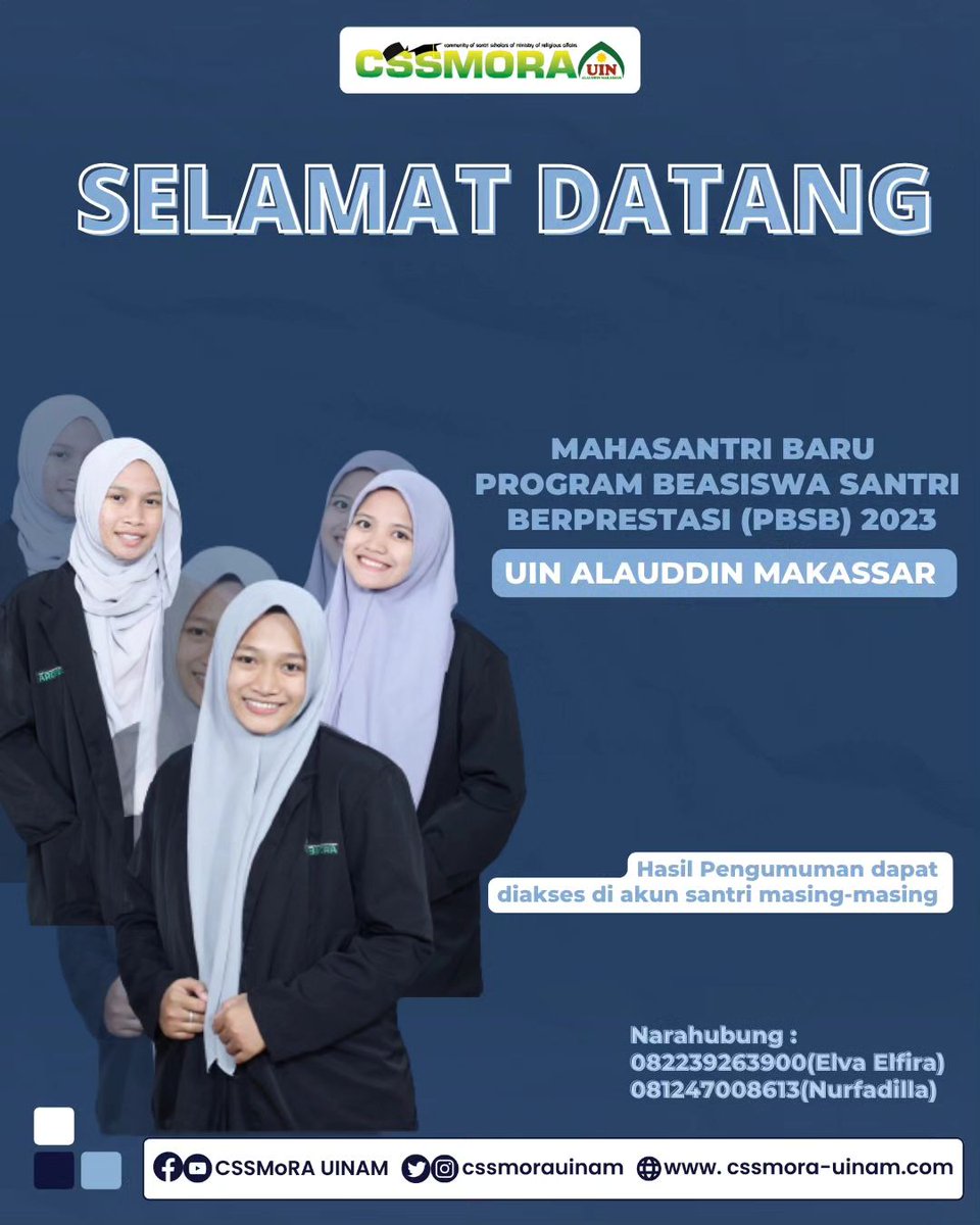 cssmorauinam's tweet photo. [PENGUMUMAN PBSB 2023]

Selamat dan sukses kepada seluruh santri yang telah lulus seleksi Program Beasiswa Santri Berprestasi (PBSB) Kemenag RI Tahun 2023. 

Salam Loyalitas Tanpa Batas ✊🏻
#cssmora
#cssmorauinam
#kabinetbaramuda
#pbsbkemenagri
#uinalauddinmakassar https://t.co/2Z9kF43xuh