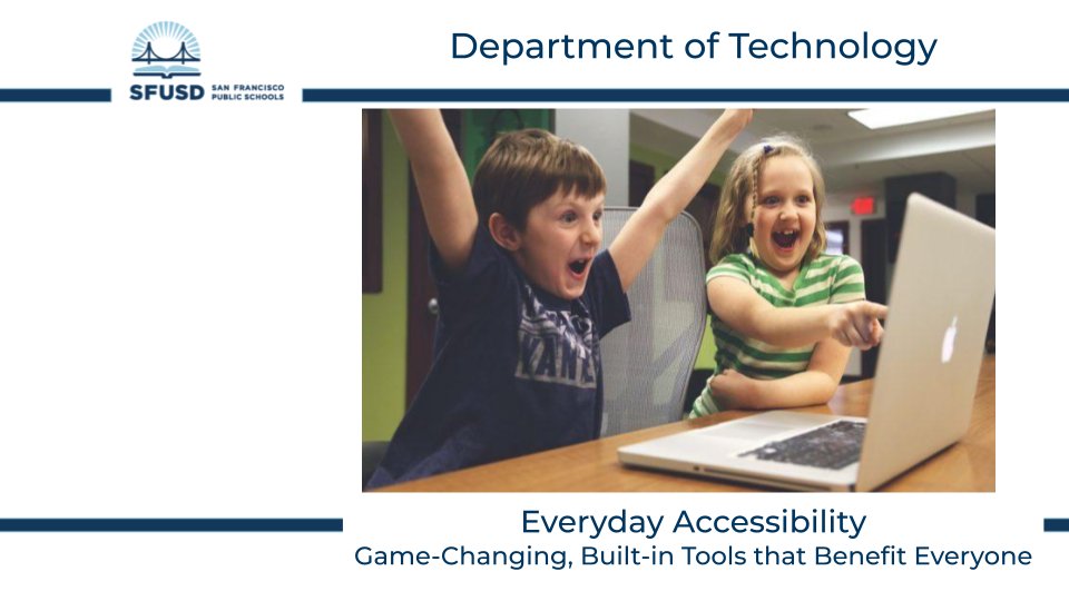 Your students and you can harness the free tools built into every device that help you read, write, comprehend, &amp; translate with ease. Bring a device you want to explore to Everyday Accessibility: Game changing tools that benefit everyone. #ddd23 #WeAreSFUSD @SteveKesel