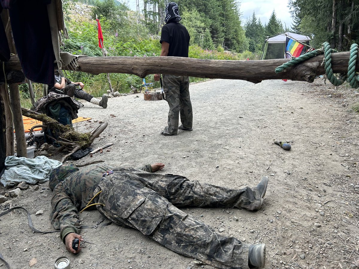 Wee-One lays at the entrance of the Savage Patch Indigenous resistance camp where police are expected to raid at any time. She is Pacheedaht and these are her ancestral territories. The land defenders are working to stop rare old growth forest from being logged by company Teal