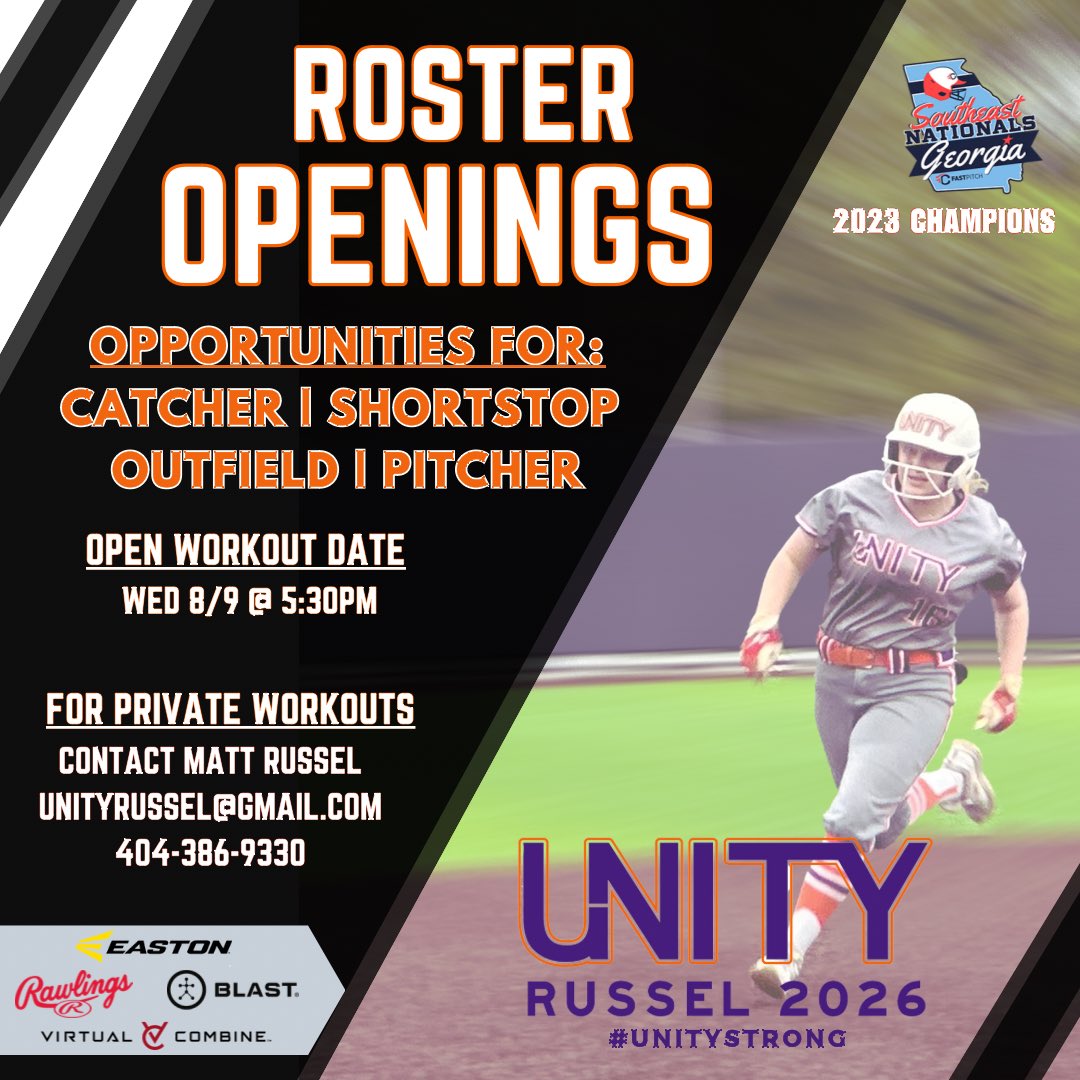 UnityRussel's tweet image. 🥎💥ROSTER OPPORTUNITIES🔥🥎 16u. We are holding an open workout tomorrow (8/9). Begin at 5:30pm. Location is 3232 S. Battlefield Blvd., Chesapeake, VA 23322. Private workouts available. #757fastpitch #unitysoftball @VAUnitySB @usasoftballofva @USASoftball @USSSAFastpitch