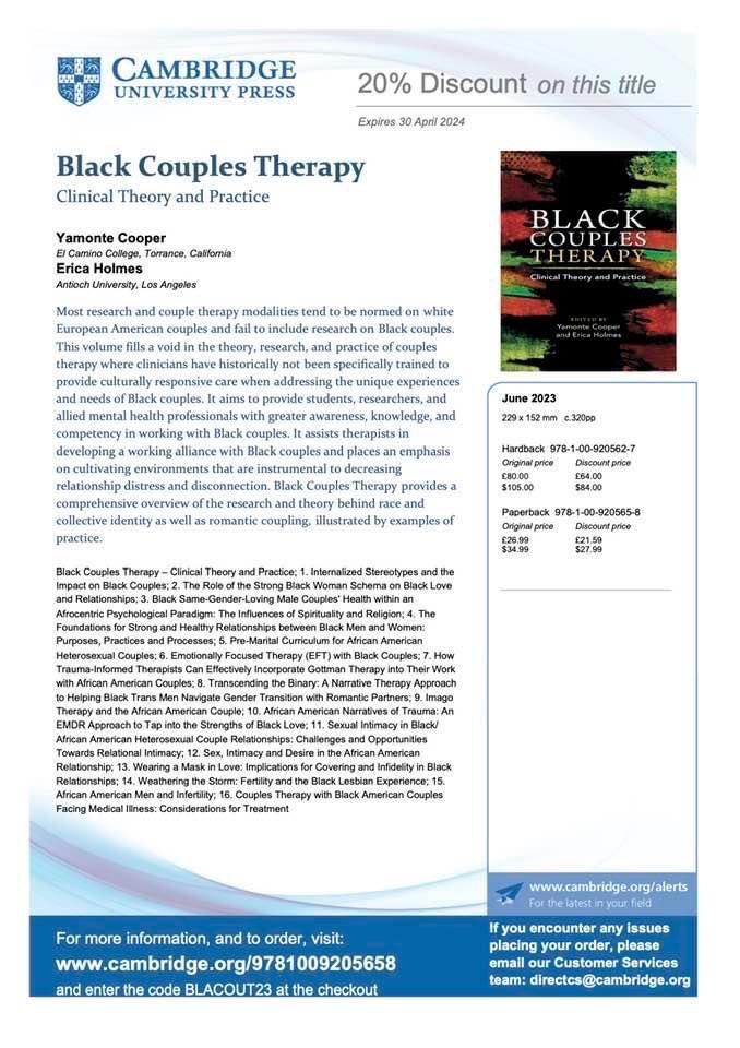 DrCChestnut's tweet photo. Check out “Black Couples Therapy!” If you have questions and/or interested in building clinical awareness on theories and practices working with Black couples, this book is a must read resource! I contributed 2 chapters I hope you enjoy. Here is the link!

https://t.co/vnWfA0Mgni https://t.co/UvWYFtdVYE