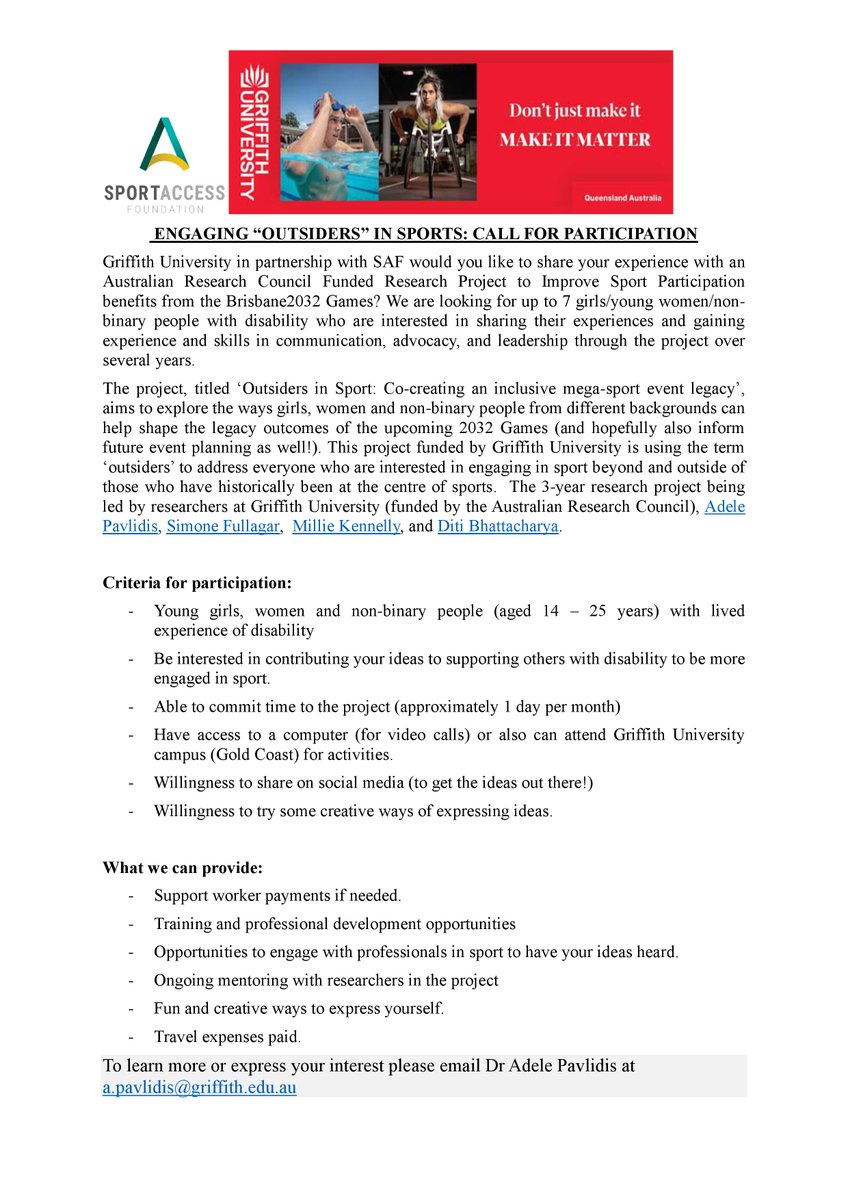 Please get in touch with us we are recruiting participants for our project 

"Engaging Outsiders in Sports" 

@adele_pavlidis @SimoneFullagar <a href="/GU_SocialCultur/">GU_SocialCultural</a> <a href="/GU_Incl_Futures/">Inclusive Futures: Reimagining Disability</a>