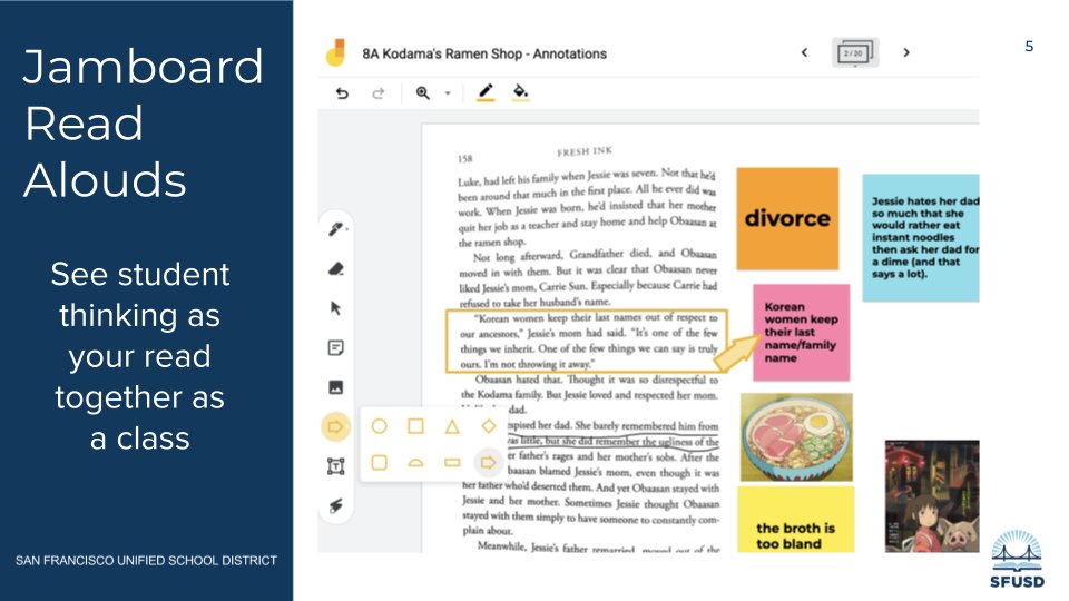 Jamboard, Google Forms and Quizzes for Assessment rethink some of the staple Google tools as you assess student thinking with Jamboard read-alouds, Google Form reflections, and a self taught writer’s workshop in Google quizzes! 
#ddd23; #WeAreSFUSD