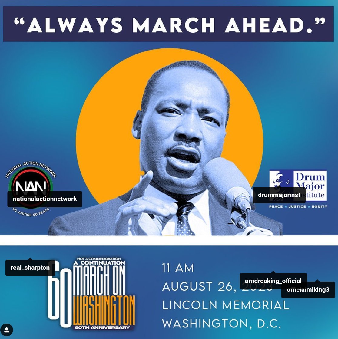 A reminder it's been 60 years since the #MarchOnWashington led by the esteemed Martin Luther King! On August 26th that March will continue in Washington DC at the Lincoln Memorial. Possibly some of you were at the first March,I hope some of you will be at this one! #WeHaveADream