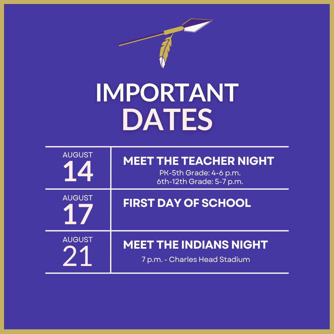 We have an exciting two weeks coming up with several important dates you need to add to your calendar! 

Meet the Teacher Night - 8/14
PreK - 5th, 4-6 pm
6th - 12th, 5-7 pm

First Day of School - 8/17

Meet the Indians Night - 8/21
Charles Head Stadium, 7 pm
#AlvaradoExcellence