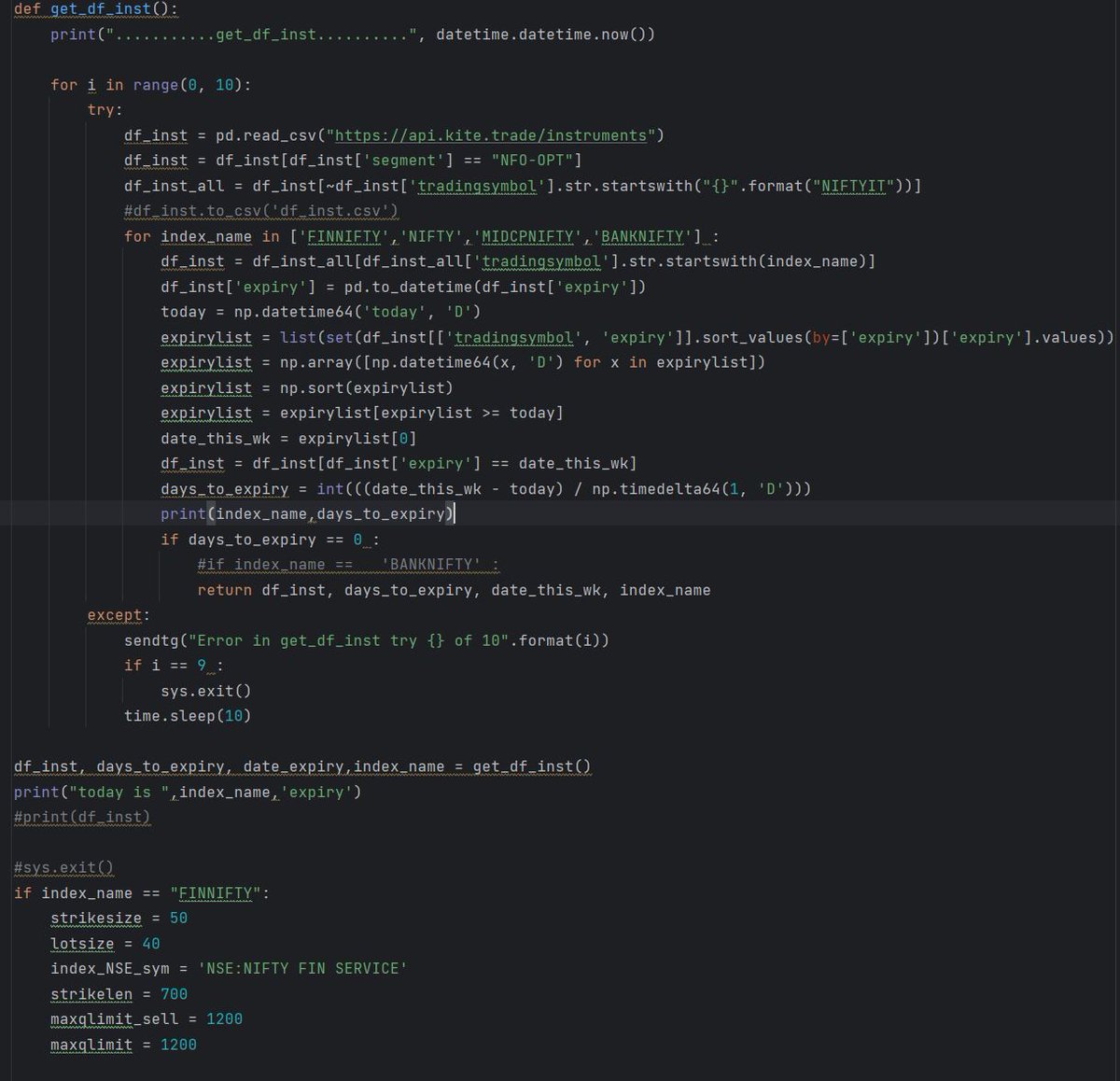 JigneshTrade's tweet image. Mastering the art of expiry trading – where portfolio margin becomes a powerhouse for generating alpha. 

This code decide which expiry day is today and trade same model for all expiry.
#AlphaGeneration #expiryTrading #Nifty #Banknifty #finnifty #python #algorithm