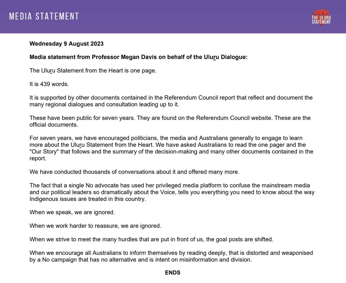 The 'Yes' Voice campaign has tip-toed around the 'No' camp for months, unwilling to take the fight to them. But Uluru Dialogue co-chair @mdavisqlder isn't afraid - scorching statement about a "single No advocate" using her "privileged media platform to confuse mainstream media"