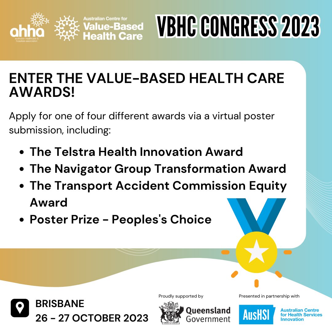 AusHealthcare's tweet photo. Is your organisation working to improve outcomes that matter to patients, communities and the health system? Enter a submission to the Value-Based Health Care Awards, supported by @telstrahealth, Navigator Group and @TACVictoria. Find out more: https://t.co/n2rIexZ0W2 #VBHCC23 https://t.co/h8ScYHdpus