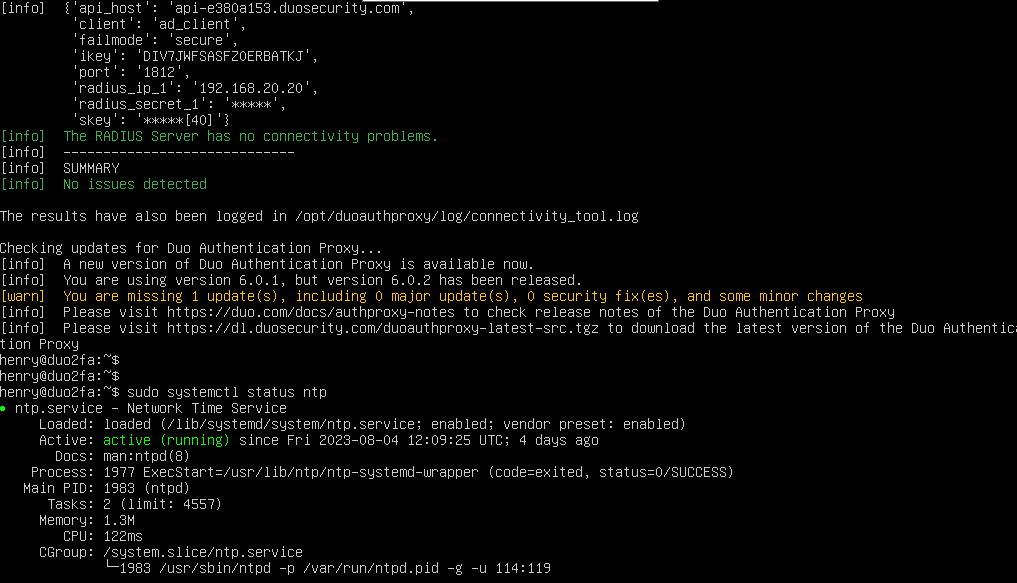 HChrizostom's tweet photo. The time difference between the Proxy server and Duo cloud service should be kept to a minimum and acceptable.

Use 👇 to check connectivity issues on proxy server:
sudo /opt/duoauthproxy/bin/authproxy_connectivity_tool https://t.co/LluRYZkiT6