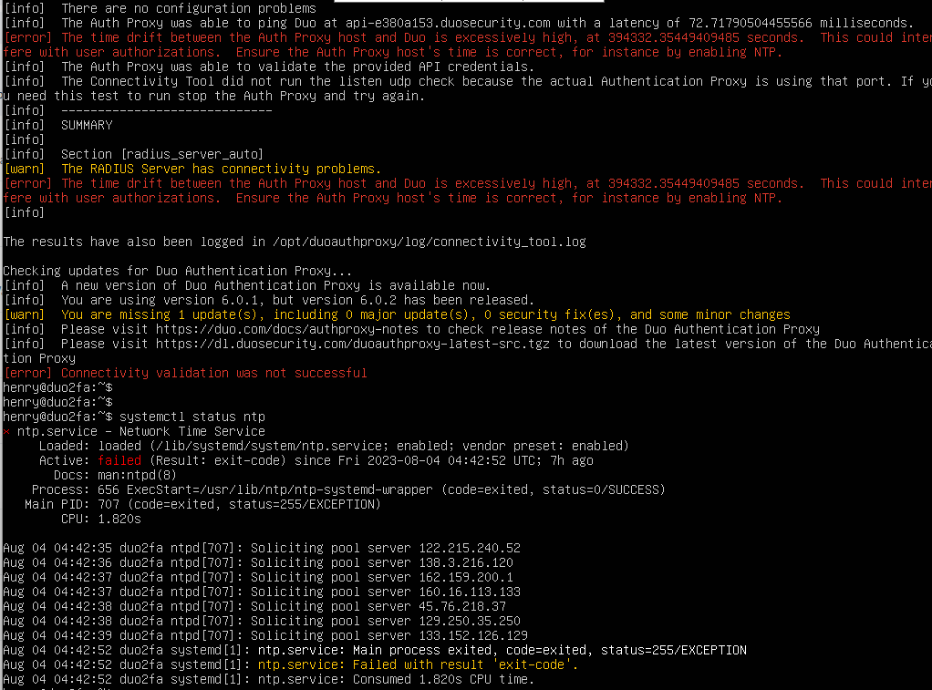HChrizostom's tweet photo. The time difference between the Proxy server and Duo cloud service should be kept to a minimum and acceptable.

Use 👇 to check connectivity issues on proxy server:
sudo /opt/duoauthproxy/bin/authproxy_connectivity_tool https://t.co/LluRYZkiT6
