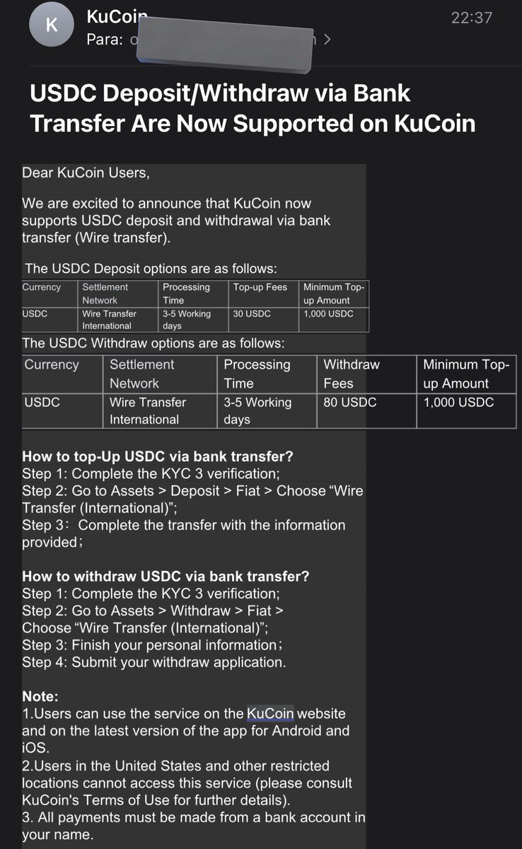 criptolawyer's tweet image. 🚨El Exchange @kucoincom anuncia la habilitación de depósitos y retiros bancarios utilizando USDC vía WIRE. 

Los fees: 

📍30$ por depositar. 
📍80$ por retirar. 

El monto mínimo para operar es de 1000 USD. 

Además los usuarios deberán tener un nivel 3 de verificación.