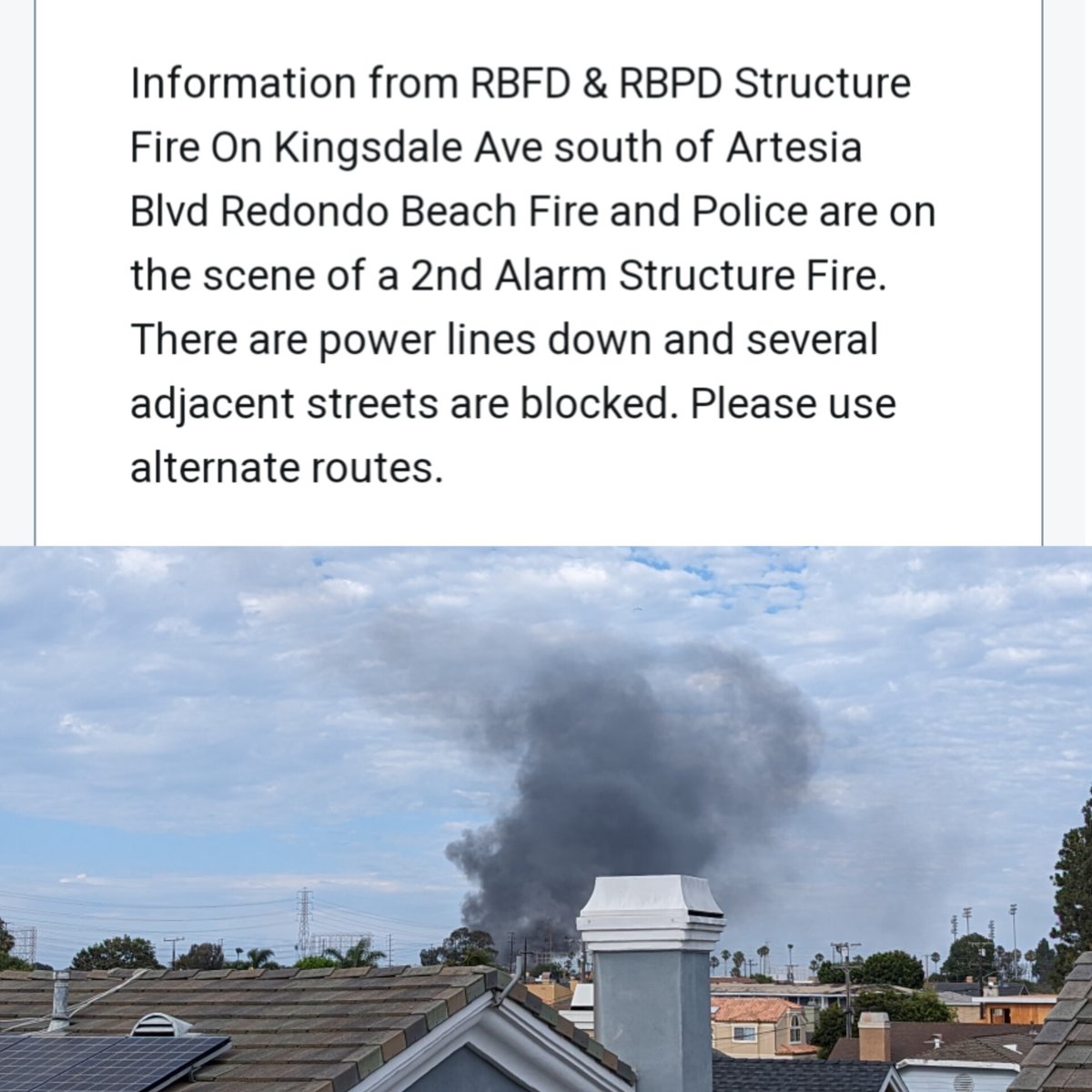 ElSegundoBeach's tweet photo. Tuesday, August 8, 2023 5:32 PM PDT
 Structure #Fire On #Kingsdale Ave south of #ArtesiaBlvd #RedondoBeach Fire and #Police are on the scene of a 2nd Alarm Structure Fire. There are power lines down and several adjacent streets are blocked. Please use alternate routes. https://t.co/F8XNyPYUQn
