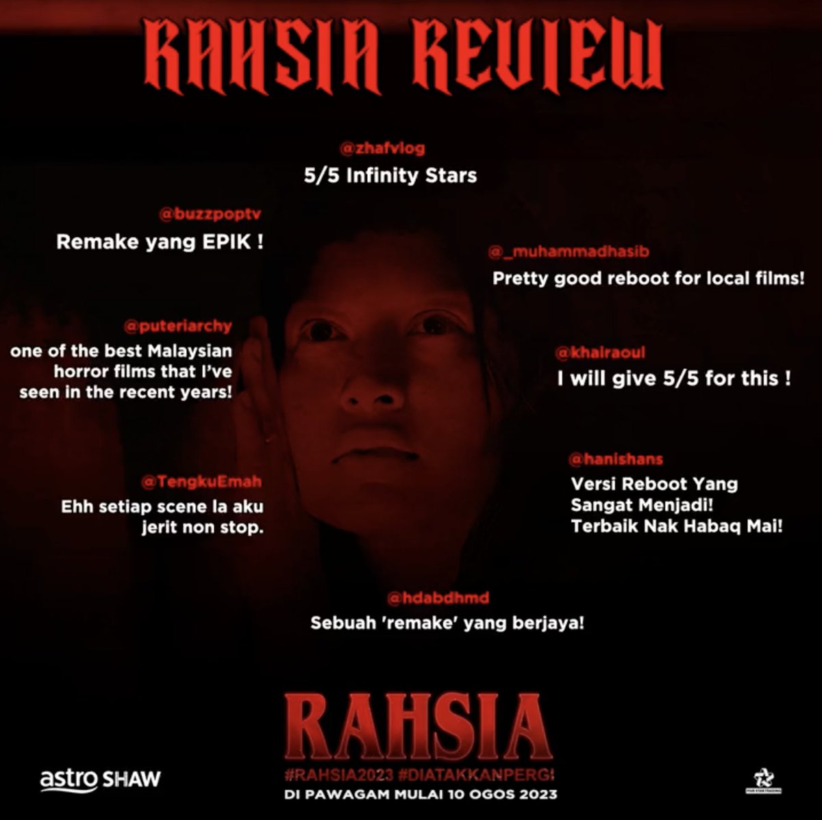 TGVCinemas's tweet photo. Ulasan #FilemRahsia setakat ni semua 🔥
Dibintangi Nabila Huda, Fikry Ibrahim, Eman Manan, Marsha Milan dan ramai lagi, RAHSIA akan tayang di TGV mulai ESOK! https://t.co/6RA3loyIZ5