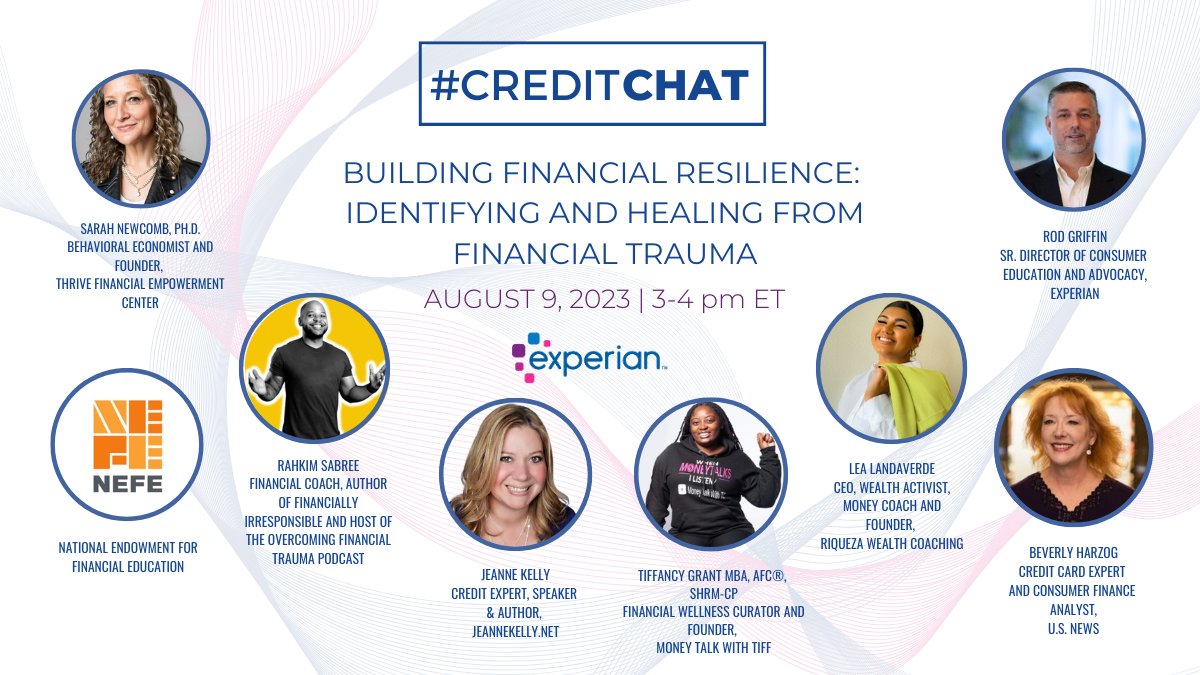 Experian (@experian) on Twitter photo Tune into this week’s #CreditChat about financial trauma! We’ll be joined by <a href="/finance_therapy/">Sarah Newcomb, PhD</a>, <a href="/NEFE_ORG/">NEFE</a>, <a href="/RahkimSabree/">Rahkim Sabree</a>, <a href="/MoneyTalkWithT/">Tiffany Grant</a>, <a href="/latinawealthact/">Lea | Latina Wealth Activist</a>, <a href="/creditscoop/">JeanneKelly</a>, <a href="/BeverlyHarzog/">Beverly Harzog</a>, <a href="/Rod_Griffin/">Rod Griffin</a>, <a href="/Teena_LaRo/">Christina Roman</a>, and <a href="/Jennifer_Wwhite/">Jennifer White</a>: bit.ly/3OpgOid Tune into this week’s #CreditChat about financial trauma! We’ll be joined by <a href="/finance_therapy/">Sarah Newcomb, PhD</a>, <a href="/NEFE_ORG/">NEFE</a>, <a href="/RahkimSabree/">Rahkim Sabree</a>, <a href="/MoneyTalkWithT/">Tiffany Grant</a>, <a href="/latinawealthact/">Lea | Latina Wealth Activist</a>, <a href="/creditscoop/">JeanneKelly</a>, <a href="/BeverlyHarzog/">Beverly Harzog</a>, <a href="/Rod_Griffin/">Rod Griffin</a>, <a href="/Teena_LaRo/">Christina Roman</a>, and <a href="/Jennifer_Wwhite/">Jennifer White</a>: bit.ly/3OpgOid