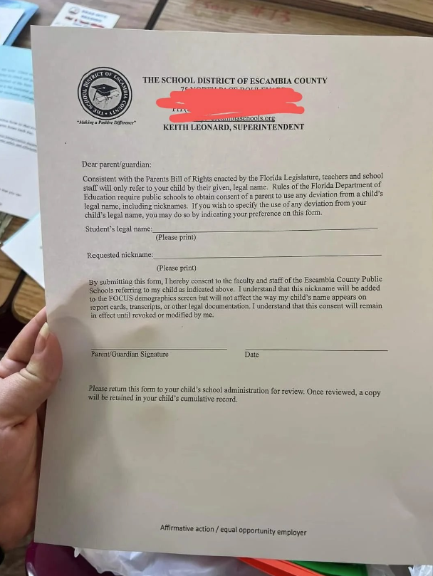 Ronald DeSantis, who goes by Ron, is now making schools force children to get parental permission to use nicknames in classes.

A child named Johnathan would now need a form signed to be called "John" in class, or a teacher could face punishment.