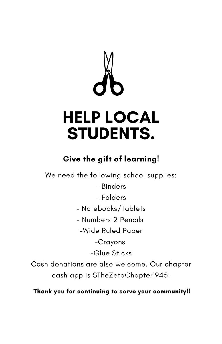 Join The Delta Kappa Chapter and The OH SO SWEET LadieZ of Zeta Chapter by donating various school supplies to help local students. Please send all monetary donations to $TheZetaChapter1945 and all in person donations to your favorite Zeta or Alpha! See you there!💙📚✏️