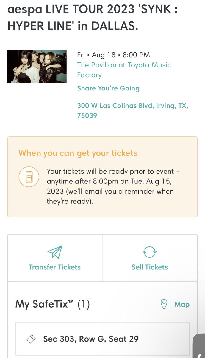 victorian1209's tweet photo. selling 1 aespa ticket in Dallas for august 18! So sad I can't go due to personal reasons :( selling for face value and price is negotiable! #aespa_SYNK_HYPERLINEinDALLAS #aespa #concert #Ticketforsale https://t.co/QZhM1ooBPq