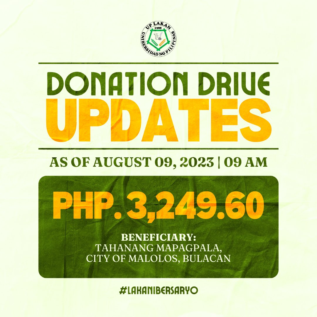 uplakanclark's tweet photo. 📢 DONATION DRIVE UPDATE 📢

Simula Hulyo 31, nakalikom na ng halagang ₱3,249.60 ang UP LAKAN Clark, na gagamitin upang makatulong sa pangangailangan ng mga senior citizen sa Tahanang Mapagpala.

(1/4) https://t.co/avOXB4z3JF