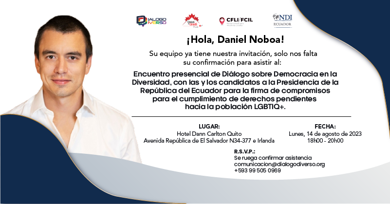 DialogoDiverso's tweet photo. #DemocraciaEnDiversidad 📷📷

@DanielNoboaOk  candidato a la presidencia pAlianza Acción Democrática Nacional (ADN) te esperamos en nuestro Encuentro para hablar sobre los derechos de las personas LGBTIQ+.  Gracias a @CanadaEcuador @NDI_Ecuador https://t.co/zXWmS6ipGT