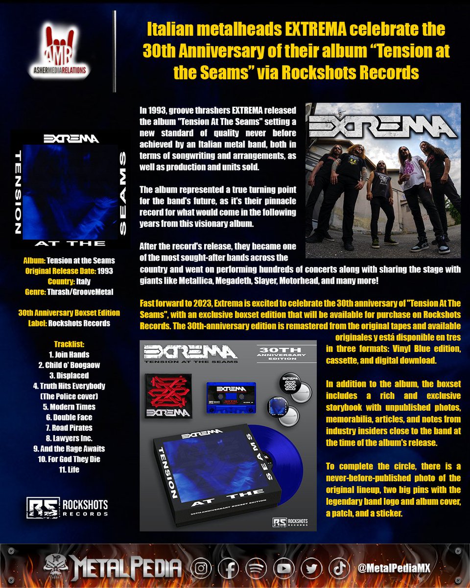 MetalPediaMX's tweet photo. Los metaleros italianos @EXTREMA_IT celebran el 30 Aniversario de su álbum “Tension at the Seams” con un Boxset a través de @rockshotsrec  

@AsherMedia 
#StayMetalStayStrong https://t.co/ZuicDhosrd