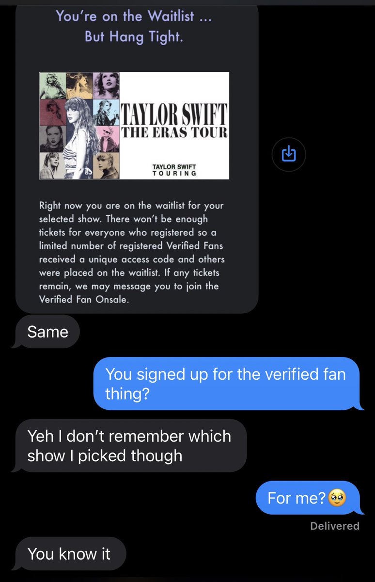 alysxnv's tweet photo. got waitlisted, but still my boyfriend signed up for eras presale for me and i’m crying https://t.co/GM83wOkv1r