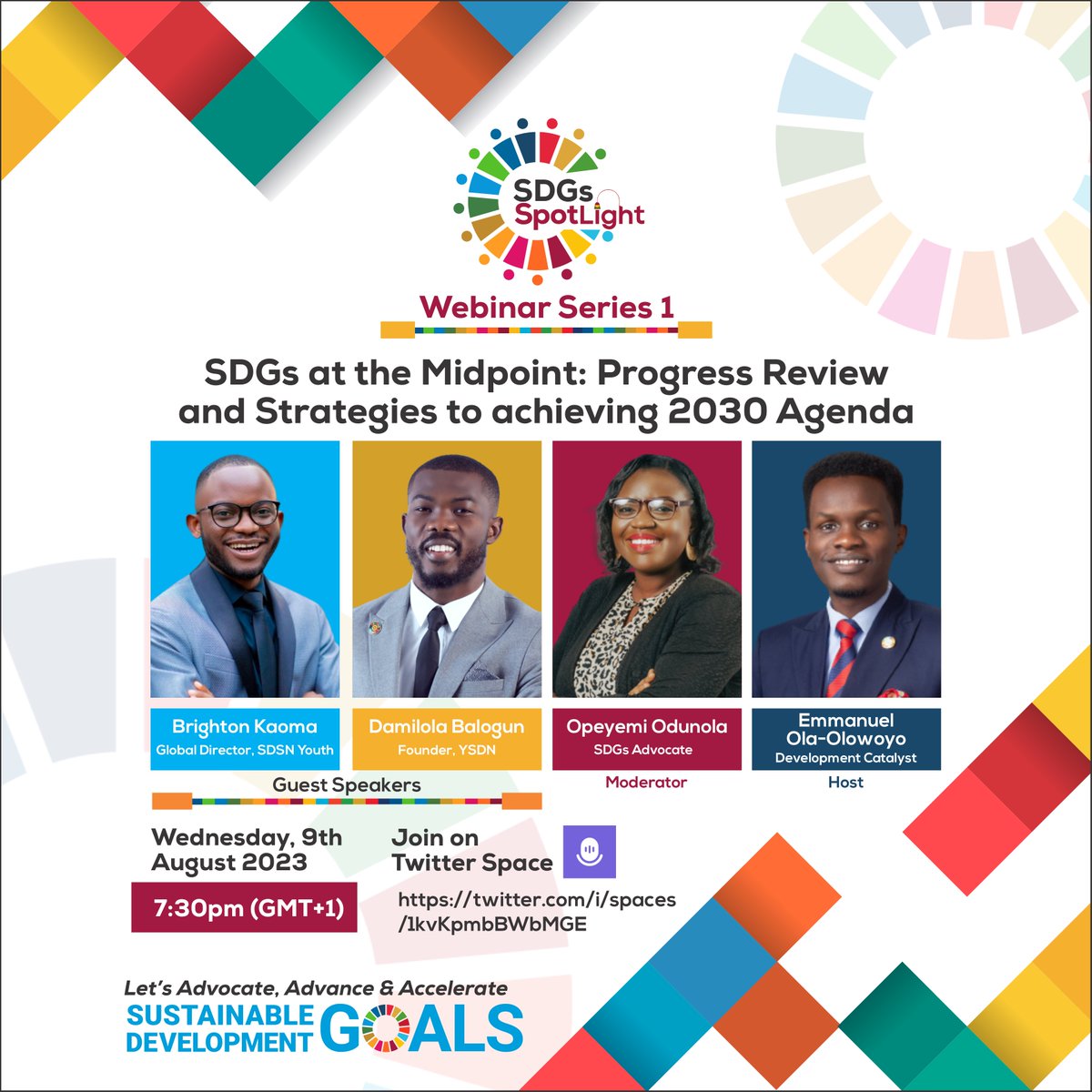 Join us today as we take a deep dive into the progress we've made toward the SDGs.

Together with our highly esteemed speakers, <a href="/BrightonKaoma/">@Brightonkaoma 🌍♻️</a> &amp; <a href="/TheDammyBalogun/">Damilola Hamid Balogun</a>, we'll discuss how we can drive meaningful impact and pave the way for a more sustainable future.

#SDGsSpotlight