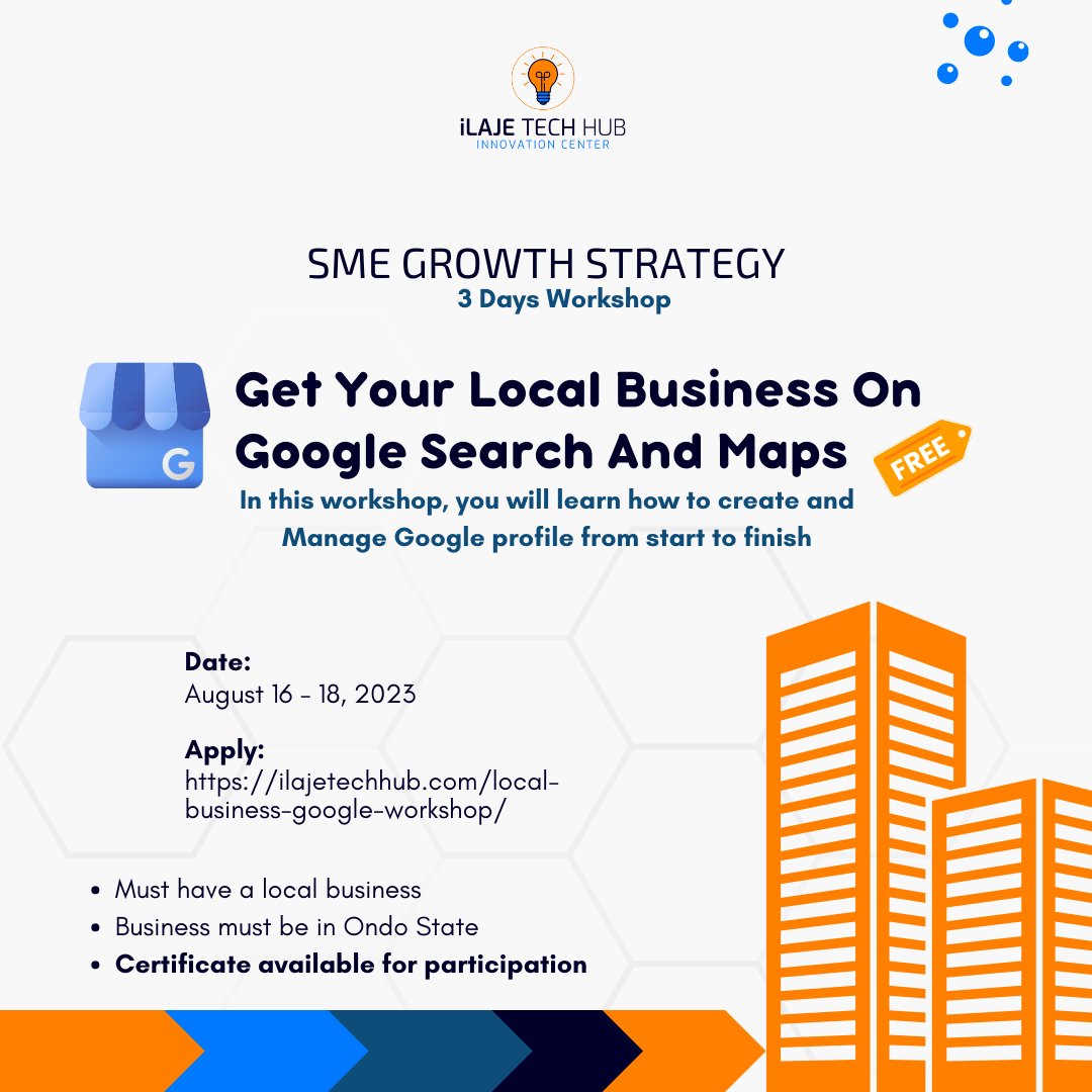 ilajetechhub's tweet image. 🚀 Elevate Your Business with Google Search and Maps Workshop! 🌐

📅 Training: Aug 16-18, 2023
📍 Location: Ilaje Tech Hub

Unlock online visibility, engage customers, and drive growth. Join us for a transformative workshop! Limited spots. #GoogleWorkshop #LocalBusinessGrowth