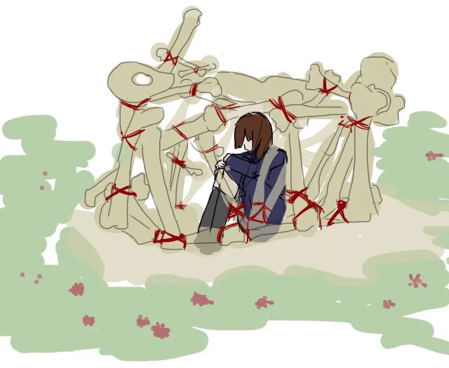 これすごい大昔に描いてた絵なんですけど、大好きな化け物の死後、その骨を組み立ててハコを作ってその中で膝を抱える女の子の絵なんですけど、私はたぶんこの絵のやりたかったことが、ずっと好きで忘れられない
