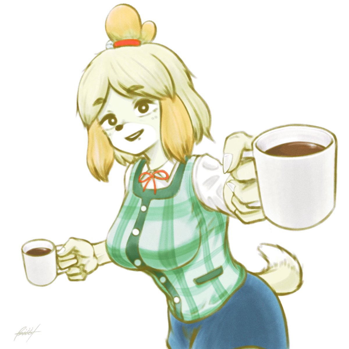 isabelle (animal crossing) 1girl dog girl cup animal ears solo dog ears tail  illustration images