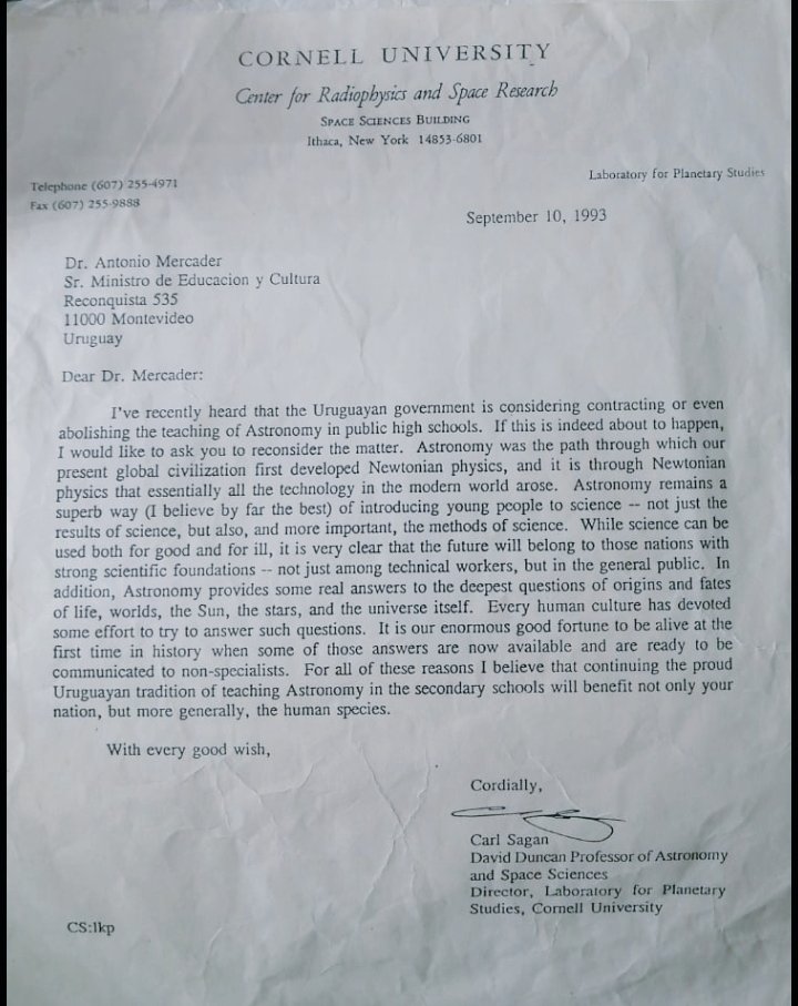 Carta de Carl Sagan al Ministro de Educación y Cultura (1993)